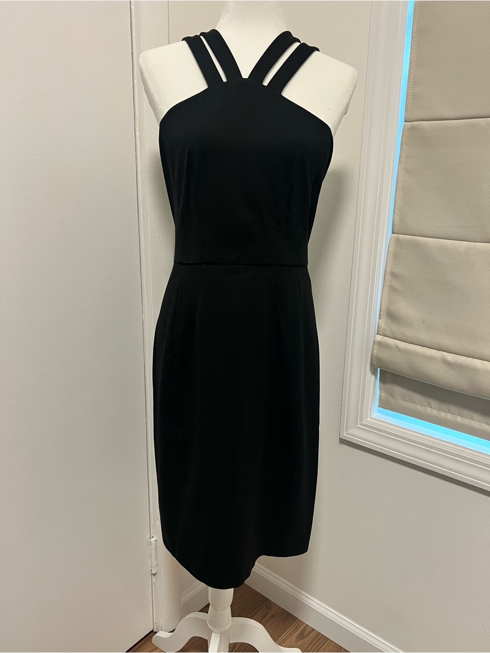 Cynthia Steffe Black Double Strap Halter Sheath Midi Dress Size 8